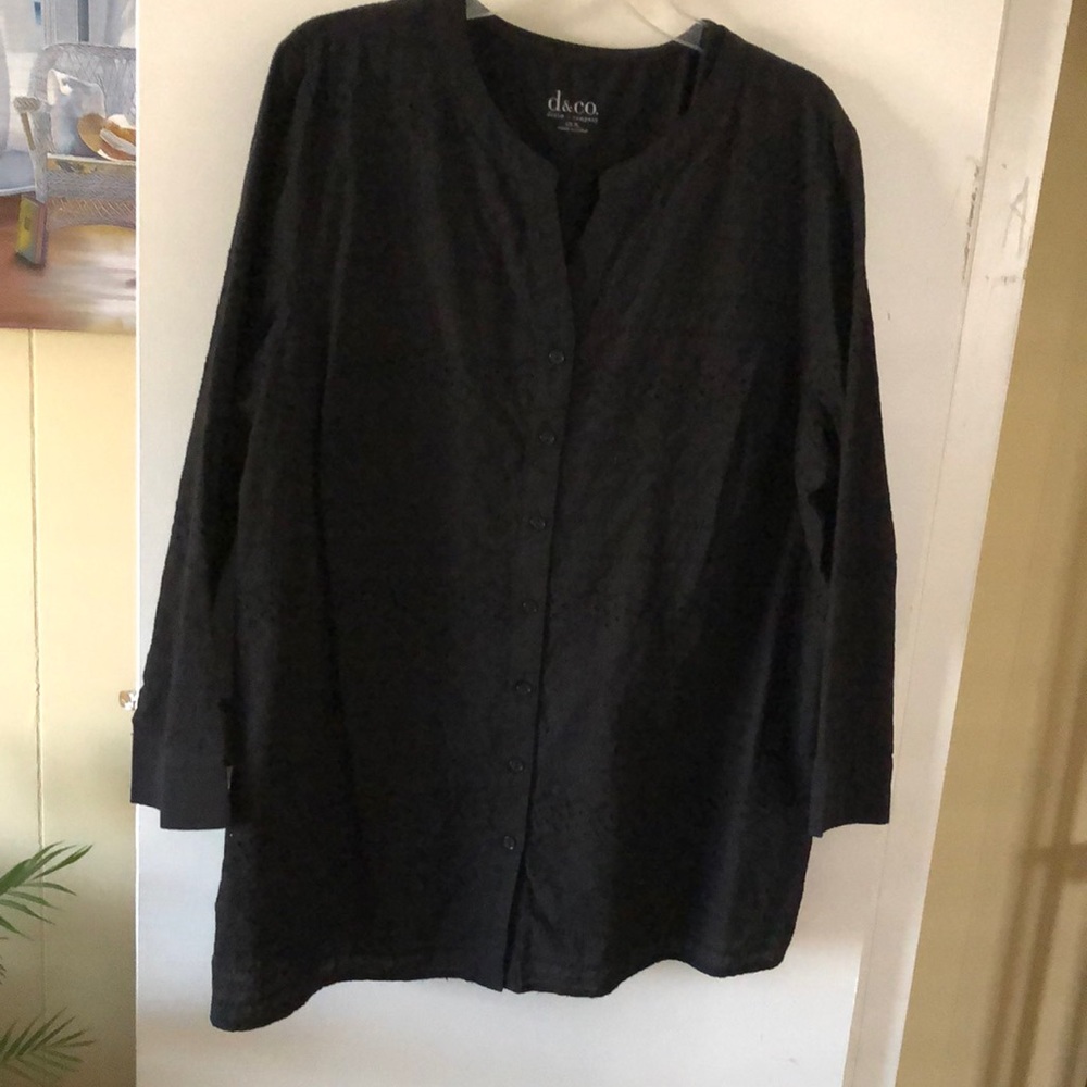 Blouse, black eyelet button front, long sleeves